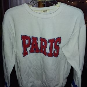 White Paris Crew neck w red/blue stripes on sleeve